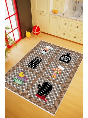 10 Post Online Mutfak Halısı Modern Aşçı Temalı Kahverengi Kaydırmaz Kesme Yıkanabilir Ince Halı 