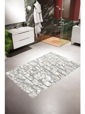 10 Post Online Banyo Paspası Eskitme Taş Desenli Gri Kaydırmaz Kesme Yıkanabilir Ince Halı 