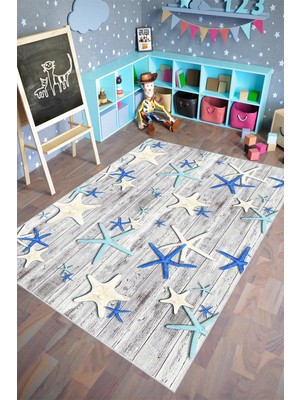 10 Post Online Çocuk Halısı Figürlü Deniz Yıldızı Gri Mavi Beyaz Kaydırmaz Kesme Yıkanabilir Ince Halı 