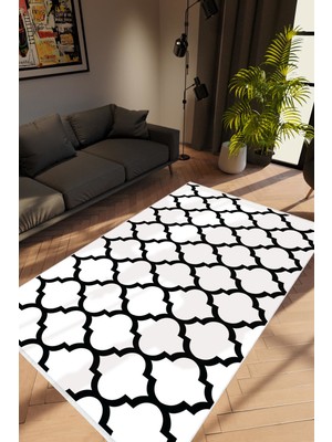 10 Post Online Modern Geometrik Beyaz Siyah Kaydırmaz Kesme Yıkanabilir Ince Halı 