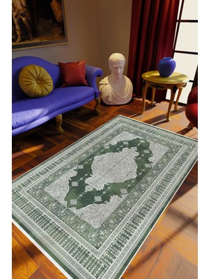 10 Post Online Klasik Yeşil Gri Kaydırmaz Kesme Yıkanabilir Ince Halı 