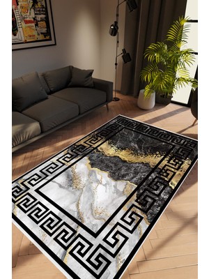 10 Post Online Taş Mermer Modern Gold Siyah Beyaz Altın Kaydırmaz Kesme Yıkanabilir Ince Halı 