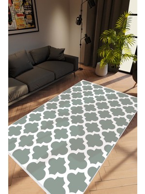 10 Post Online Modern Geometrik Fas Desenli Gri Yeşil Beyaz Kaydırmaz Kesme Yıkanabilir Ince Halı 