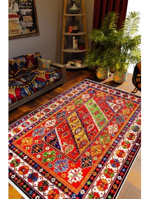 10 Post Online Kilim Desenli Otantik Eskitme Kırmızı Kaydırmaz Kesme Yıkanabilir Ince Halı 