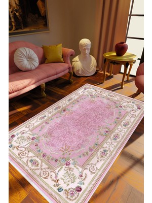 10 Post Online Figürlü Çiçekli Pembe Mor Krem Kaydırmaz Kesme Yıkanabilir Ince Halı 