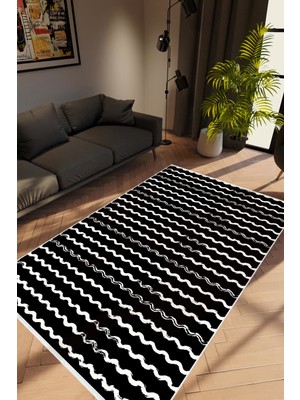 10 Post Online Modern Zig Zag Siyah Beyaz Kaydırmaz Kesme Yıkanabilir Ince Halı 