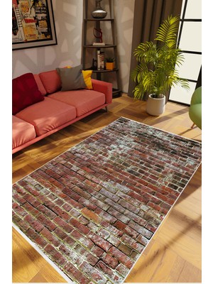 10 Post Online Taş Mermer Eskitme Tuğla Desen Kahverengi Kaydırmaz Kesme Yıkanabilir Ince Halı 