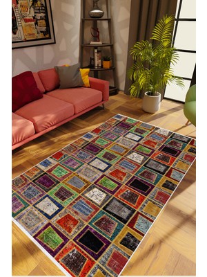 10 Post Online Modern Patchwork Kahverengi Kaydırmaz Kesme Yıkanabilir Ince Halı 