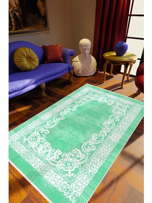 10 Post Online Klasik Turkuaz Kaydırmaz Kesme Yıkanabilir Ince Halı 