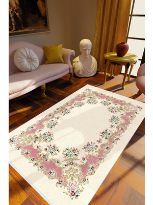 10 Post Online Figürlü Çiçekli Pembe Beyaz Kaydırmaz Kesme Yıkanabilir Ince Halı 