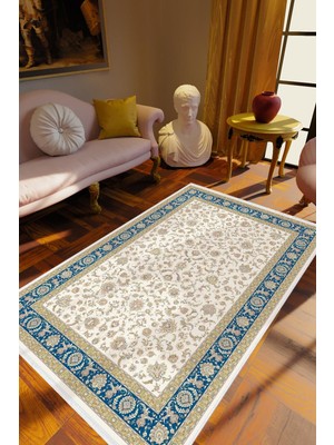 10 Post Online Salon Halısı Eskitme Klasik Ekru Mavi Kaydırmaz Kesme Yıkanabilir Ince Halı 