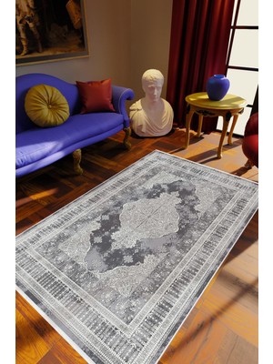 10 Post Online Klasik Gri Siyah Kaydırmaz Kesme Yıkanabilir Ince Halı 