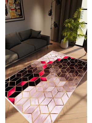 10 Post Online Modern Geometrik Kırmızı Ekru Mor Kaydırmaz Kesme Yıkanabilir Ince Halı 