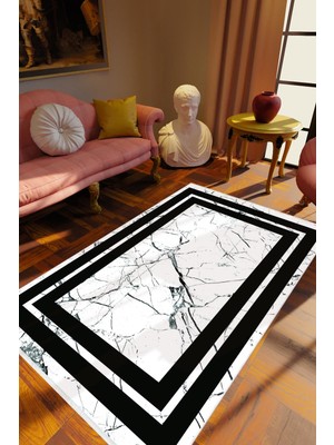 10 Post Online Eskitme Modern Çerçeve Desenli Mermer Beyaz Gri Siyah Kaydırmaz Kesme Yıkanabilir Ince Halı 