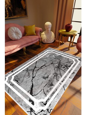 10 Post Online Eskitme Modern Çerçeve Desenli Mermer Gümüş Gri Siyah Beyaz Kaydırmaz Kesme Yıkanabilir Ince Halı 