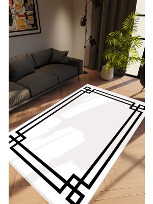 10 Post Online Modern Çizgili Beyaz Siyah Kaydırmaz Kesme Yıkanabilir Ince Halı 