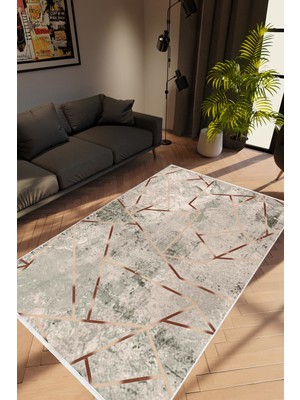 10 Post Online Modern Geometrik Metalik Gri Altın Kaydırmaz Kesme Yıkanabilir Ince Halı 