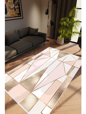 10 Post Online Modern Geometrik Metalik Ekru Pembe Kahverengi Kaydırmaz Kesme Yıkanabilir Ince Halı 