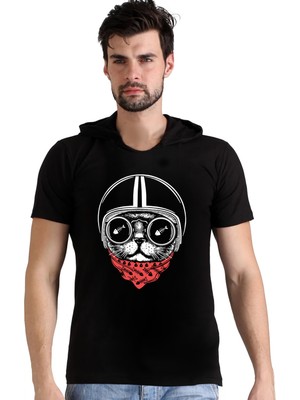 Rock&Roll Kasklı Kedi Kapüşonlu Siyah Kısa Kollu Erkek T-Shirt