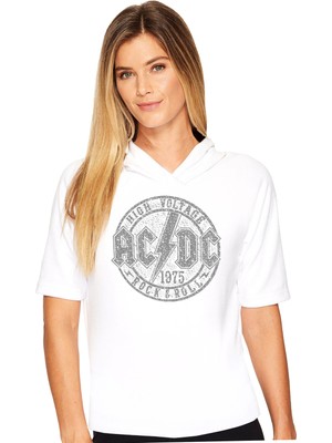 Rock&Roll Dairede Acdc Kapüşonlu Beyaz Kısa Kollu Kadın T-Shirt