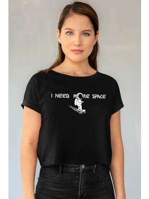 Rock&Roll Uzayda Kaykay Siyah Kısa Kesik Crop Top Kadın T-Shirt