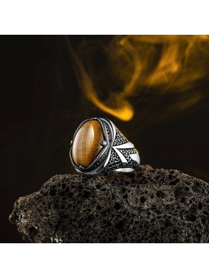 Takılingo Kahverengi Kaplangözü Taşlı Kenarları Zirkon Taş Detaylı Gümüş Erkek Yüzük