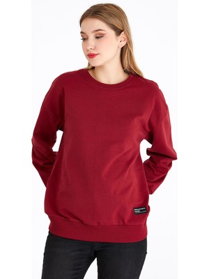 Mmetalic Kadın Bordo Renk Basic Uzun Kol Bisiklet Yaka Sweatshirt Düz Desenli Rahat Fit