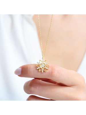Mia Vento Işıltılı Kar Çiçeği Gold Renk Gümüş Kolye