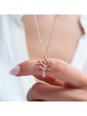 Mia Vento Fuşya Taşlı Hayat Ağacı Rose Renk Gümüş Kolye