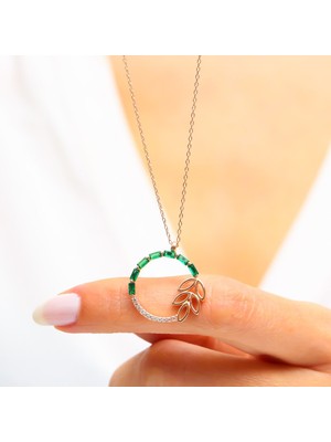 Mia Vento Zümrüt Yeşili Defne Yaprağı Rose Renk Gümüş Kolye