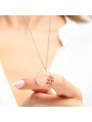 Mia Vento Işıltılı Defne Yaprağı Rose Renk Gümüş Kolye