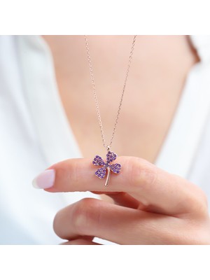 Mia Vento Ametist Taşlı Yonca Işıltısı Rose Renk Gümüş Kolye