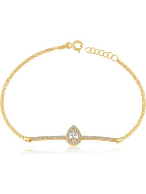 Mia Vento Zincir Detay Işıltılı Damla Gold Renk Gümüş Bileklik