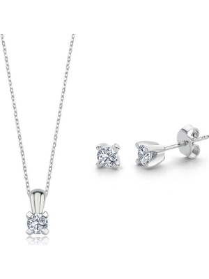 Mia Vento Mia Zirconia 0.60 Karat V Model Gümüş Tektaş Kolye Küpe Ikili Set