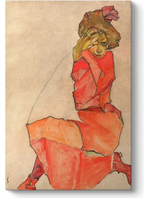 Tabloshop Egon Schiele - Kneeling Female In Orange-Red Dress Tablosu