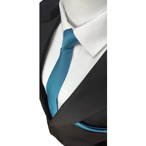 Elegante Cravatte Mavi Renkte Armürlü Dokuma Kravat ve Mendil