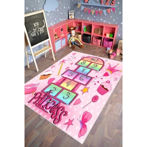 10 Post Online Çocuk Halısı Figürlü Seksek ve Prenses Desenli Pembe Kaydırmaz Kesme Yıkanabilir Ince Halı 
