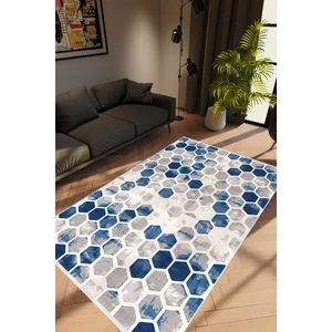 10 Post Online Modern Patchwork Lacivert Altıgen Gri Mavi Kaydırmaz Kesme Yıkanabilir Ince Halı 