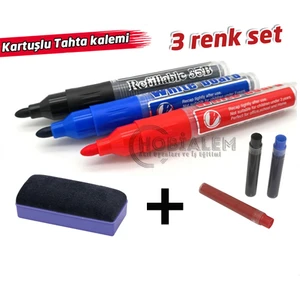 3 Adet Beyaz Tahta Kalemi 3 Adet Yedek Kartuş Seti 1 Adet Silgi Kartuşlu Kalem