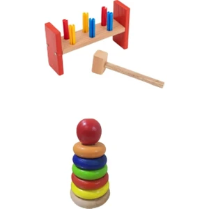 Ahşap Eğitici 2'li Set Halka Kule ve Çak Çak Çocuk Eğitim Oyuncağı Seti