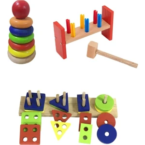 Ahşap 4'lü Geçmeli Geometrik Oyuncak Halka Kule ve Çak-Çak Oyuncak Seti 3'lü Set