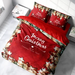 Yılbaşı Süsü Merry Christmas Çift Kişilik 3D Nevresim Takımı Pamuk Saten Red Stars
