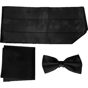 Elegante Cravatte Siyah Kuşak Papyon Seti Damatlık Smokin Kemeri