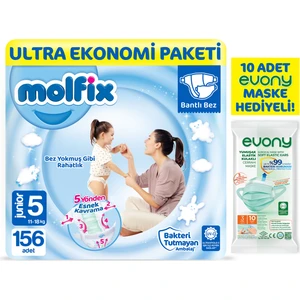 Bebek Bezi 5 Beden Junior Ultra Ekonomi Paketi 156 Adet Evony Maske 10 Adet