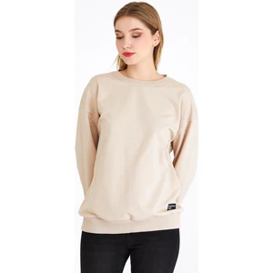 Kadın Bej Renk Basic Bisiklet Yaka Sweatshirt