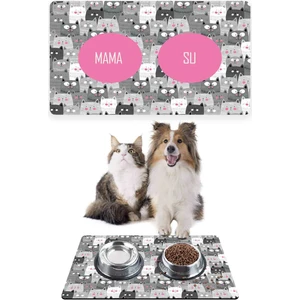 Gri Sevimli Kediler Kedi Köpek Mama Altlığı Mama Paspası 50X35CM
