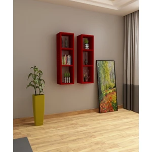 Dekormer Design Kitaplık Kırmızı Duvar Rafı Ikili Takım