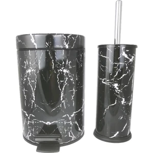 Çanak Sepeti Siyah Mermer Desenli Tuvalet Fırçası Çöp Kovası Banyo Seti