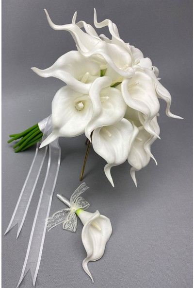 Hayalperest Boncuk Beyaz Islak Gala Gelin Buketi ve Damat Çiçeği