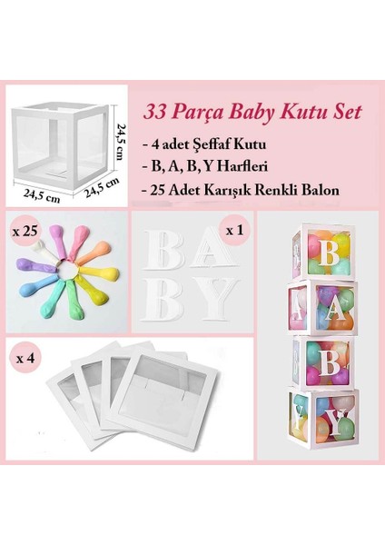 33 Parça Baby Yazılı Şeffaf Beyaz Kutu ve Balon Seti indirimleri